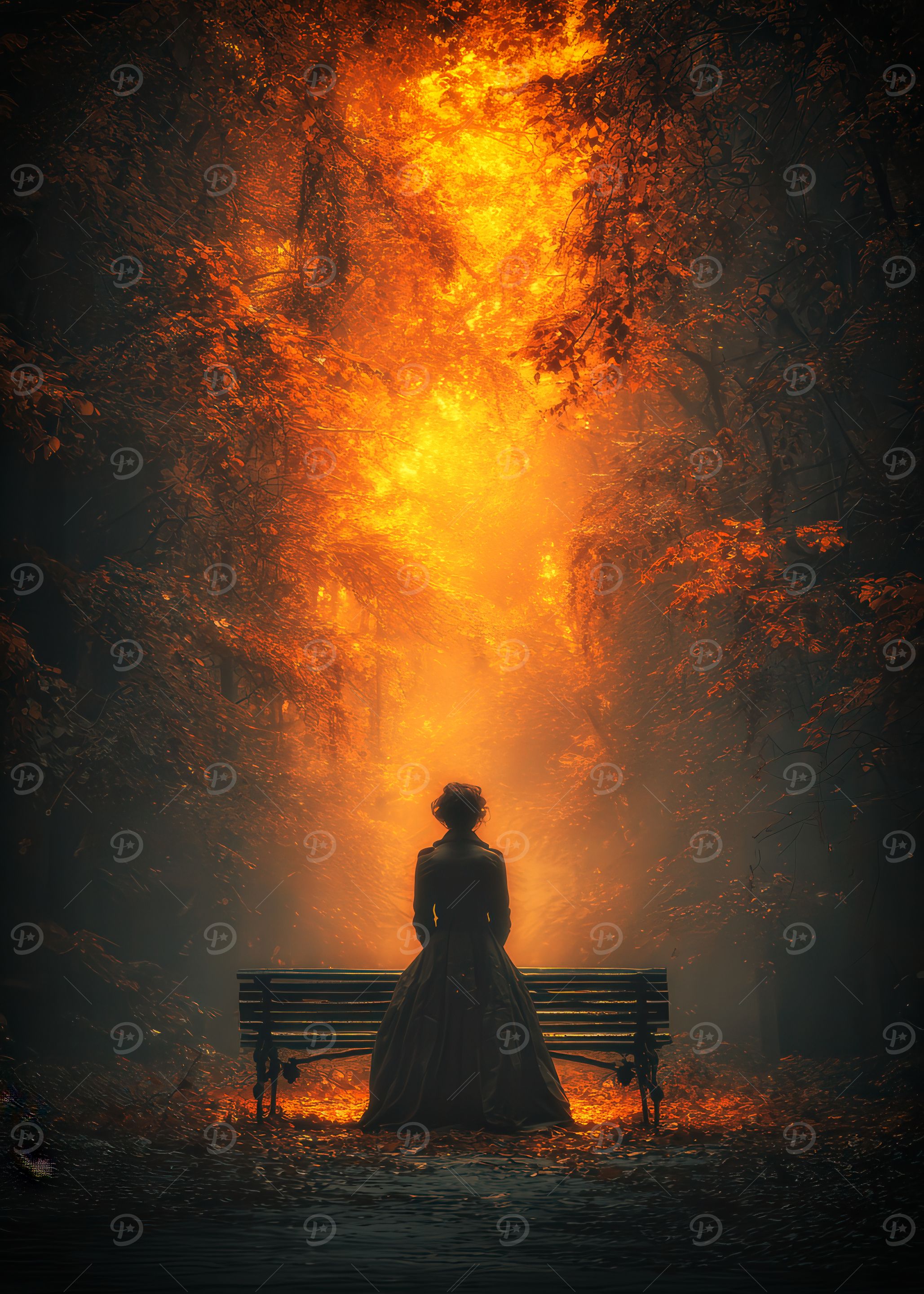 Woman Behind Bench in Autumnal Light