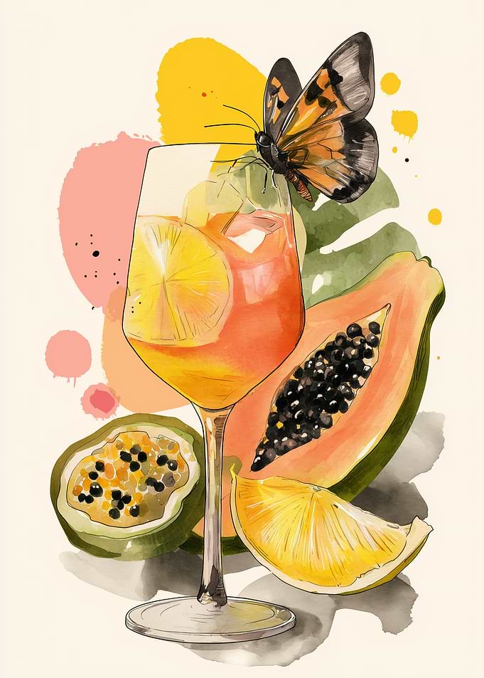 Tropical Drink with Butterfly Watercolor