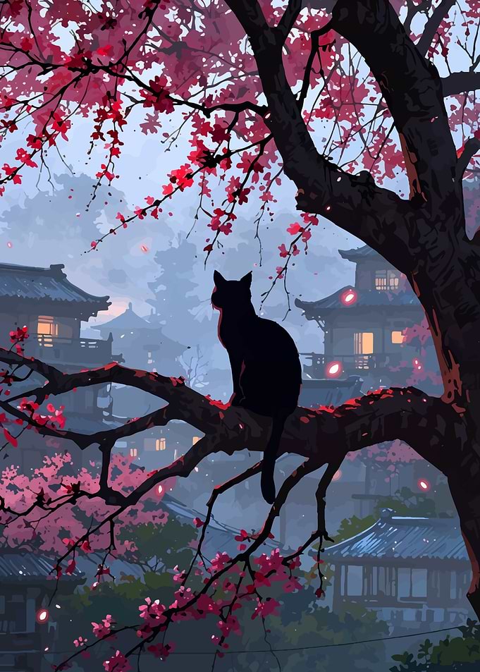 Black Cat in Cherry Blossom Tree