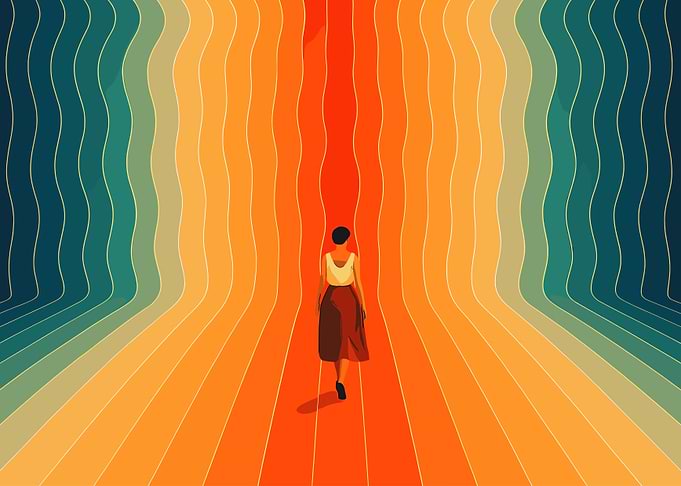 Woman Walking Through Colorful Abstract Corridor