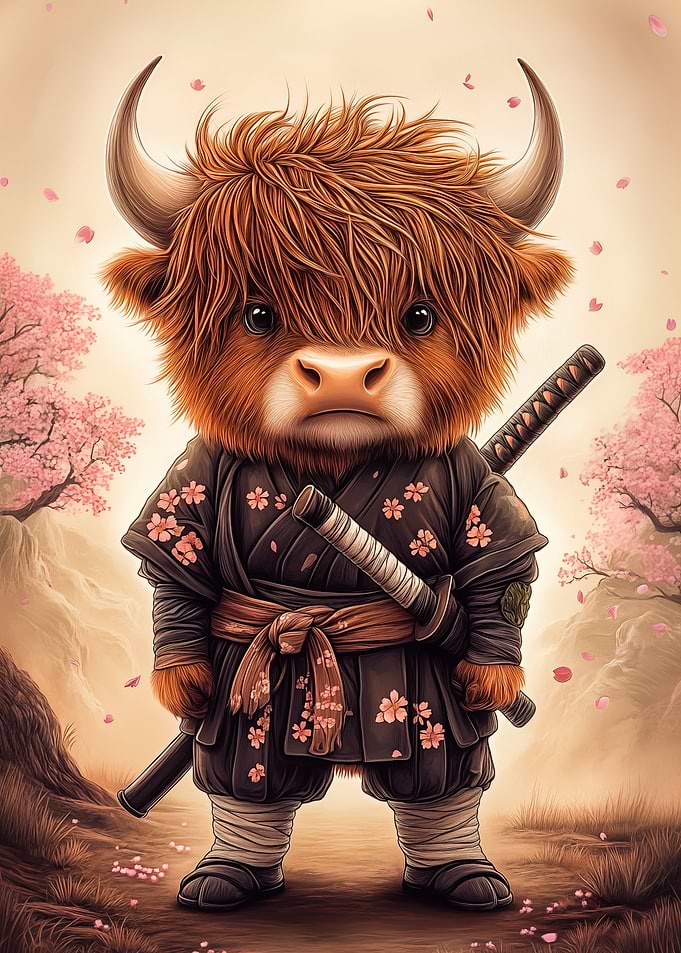 Highland Cow Samurai with Cherry Blossoms