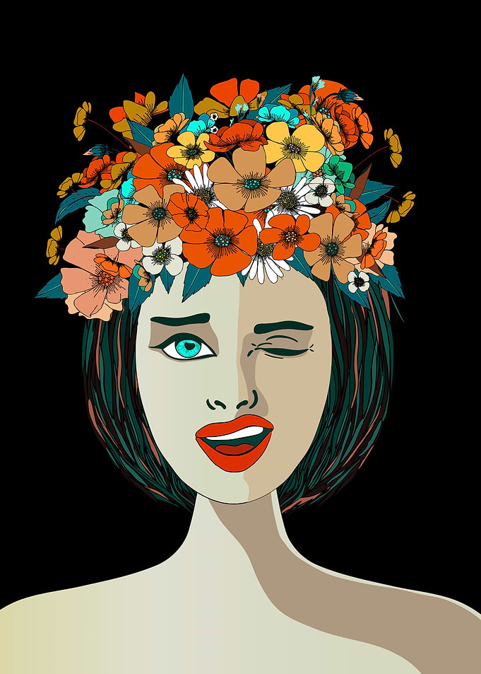 Winking Woman with Floral Crown Illustration