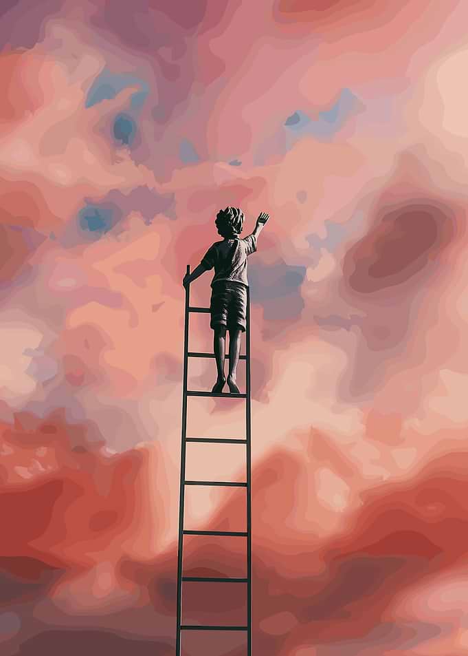 Boy on Ladder Reaching for Sky