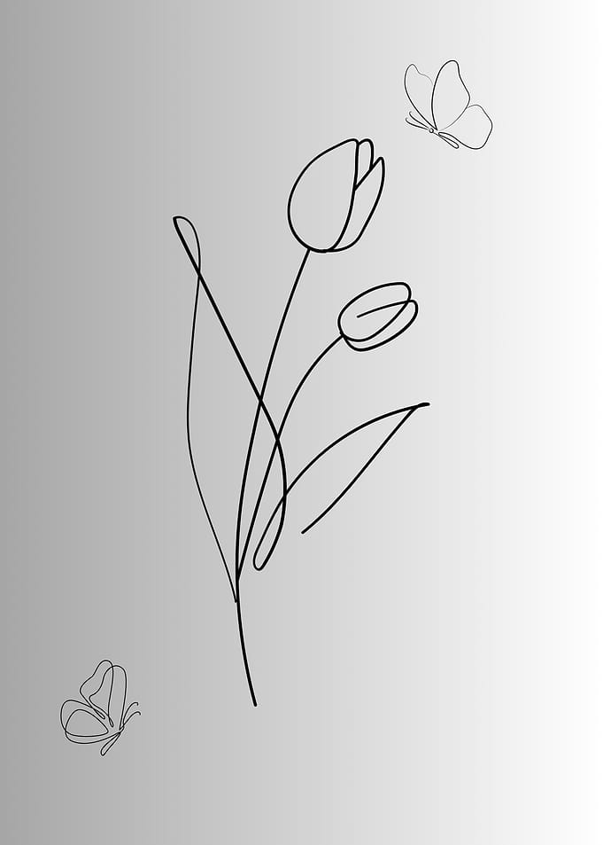 Minimalist Tulips and Butterflies Line Art