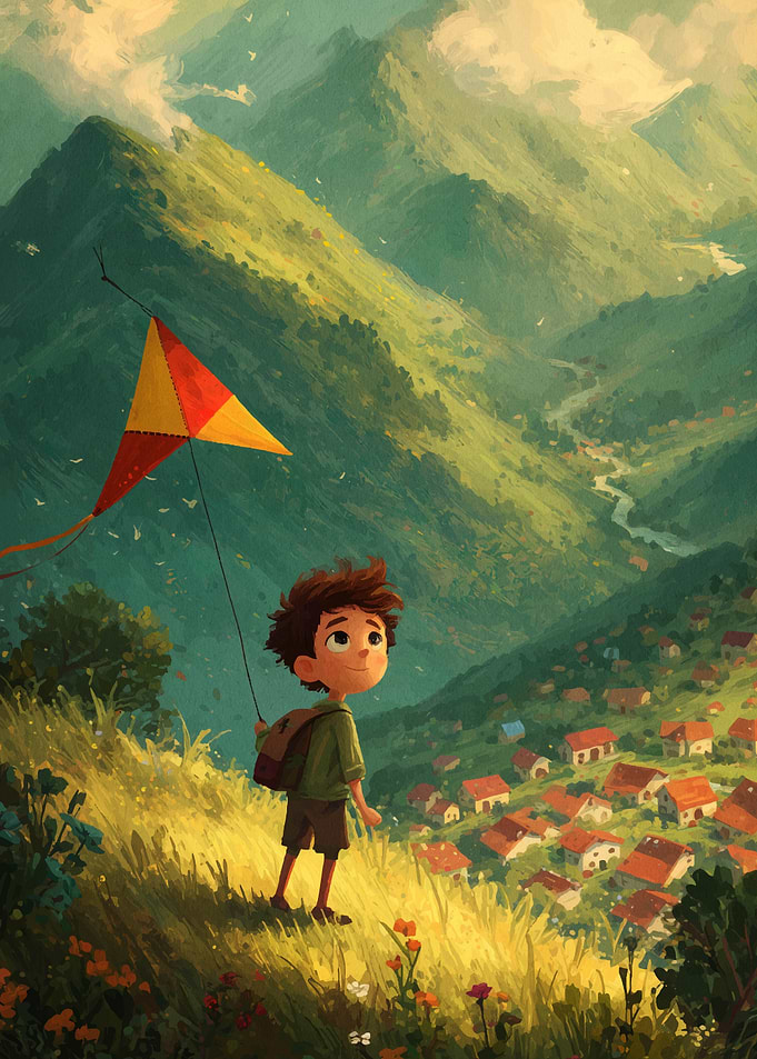 Boy with Kite in Mountain Landscape