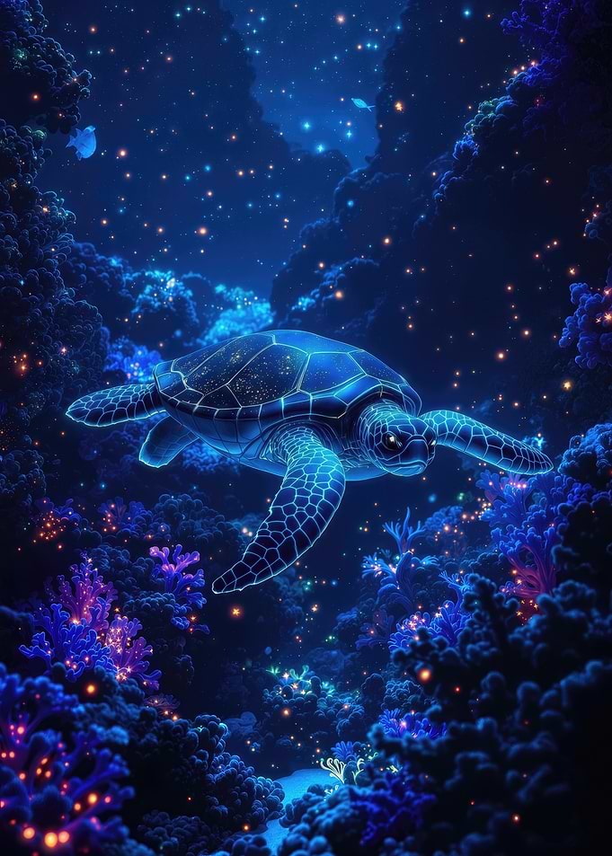 Glowing Sea Turtle in Coral Reef