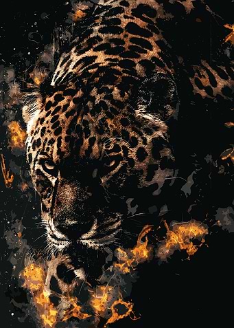 Jaguar Portrait with Fire Accents