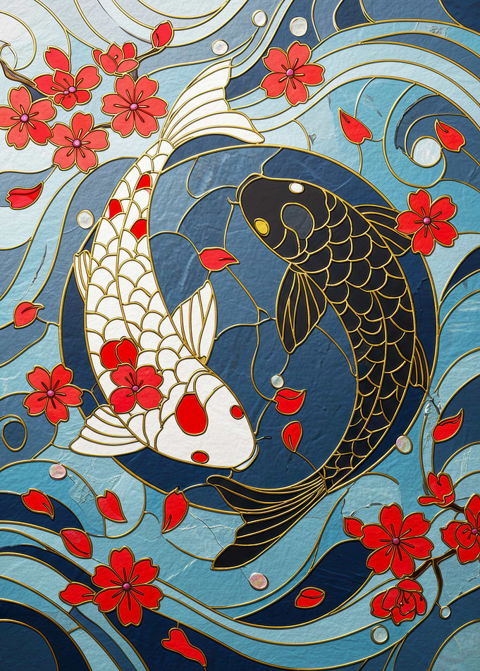 Yin Yang Koi Fish with Cherry Blossoms