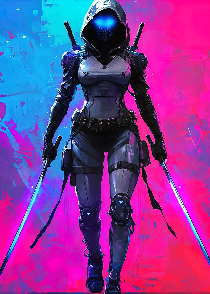 Cyberpunk Ninja Assassin with Glowing Swords