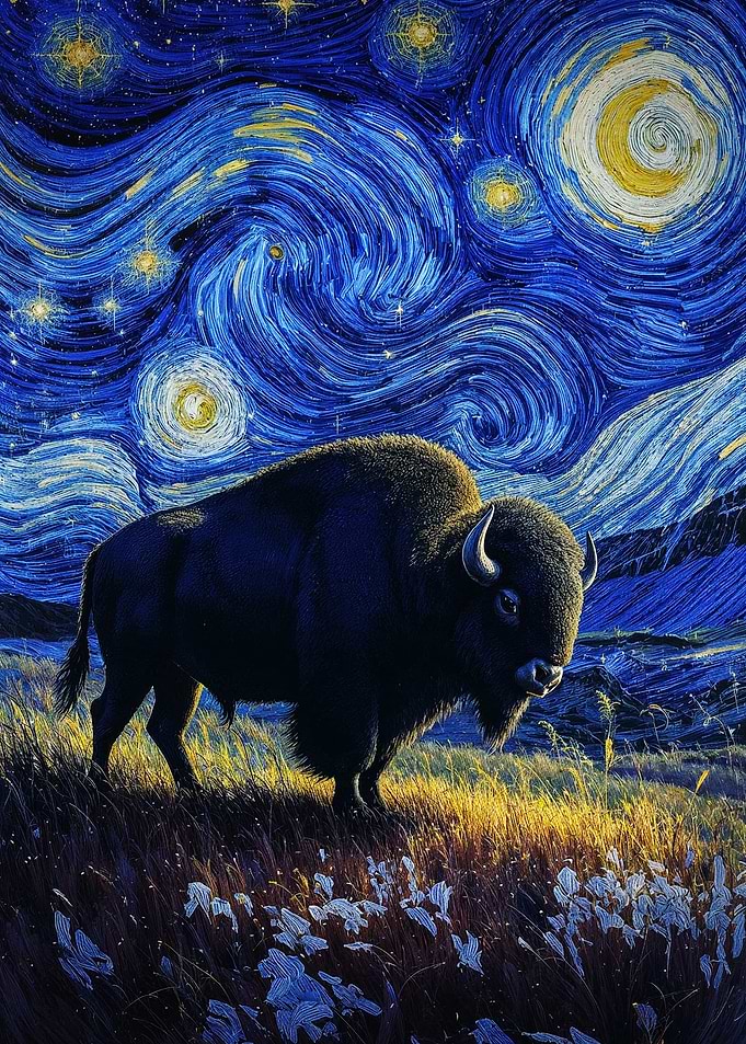 Bison under Starry Night Sky