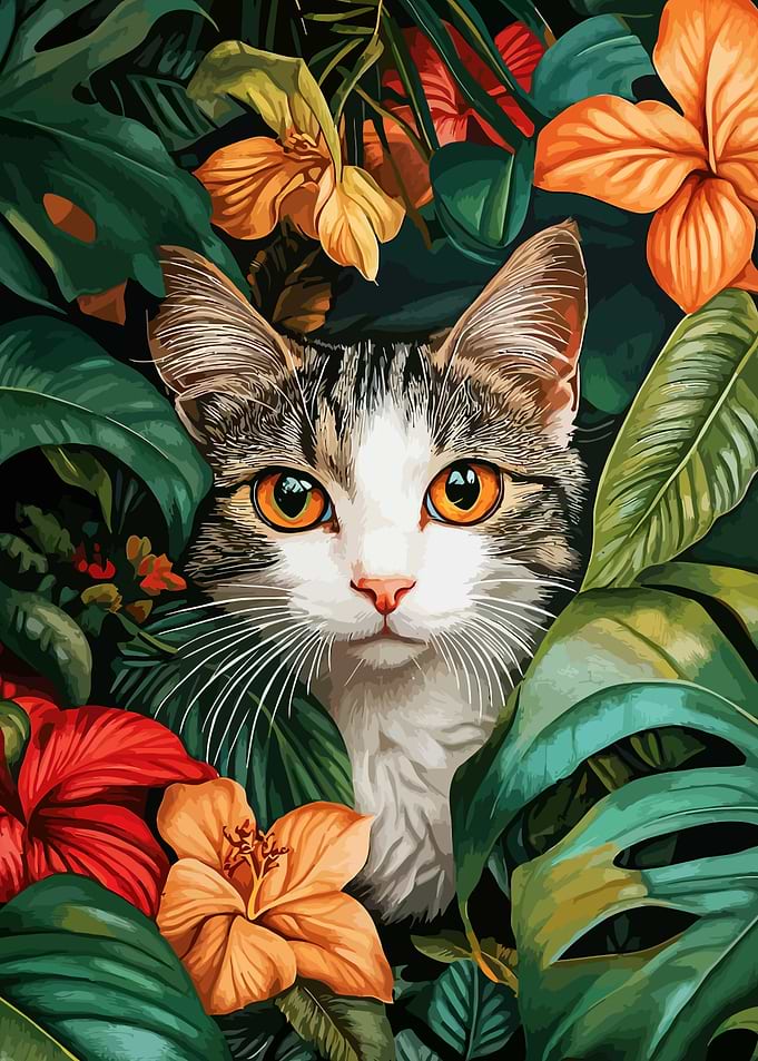 Cat in Tropical Floral Foliage