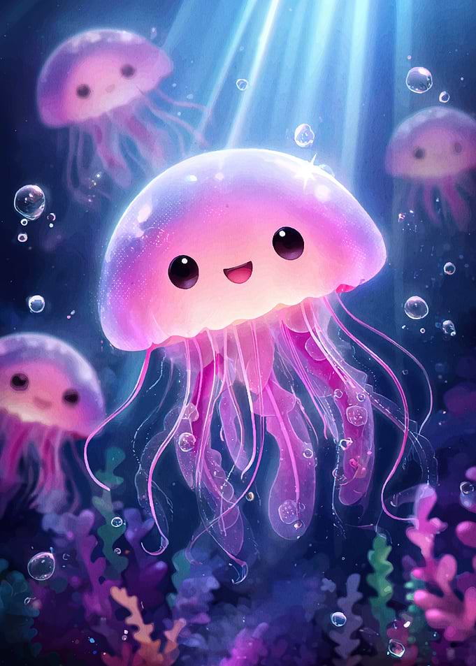 Cute Pink Jellyfish Cartoon Illustration