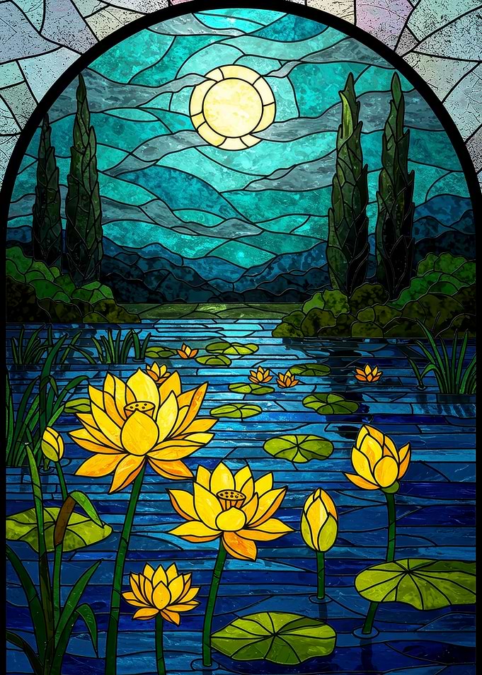 Stained Glass Lotus Pond Landscape