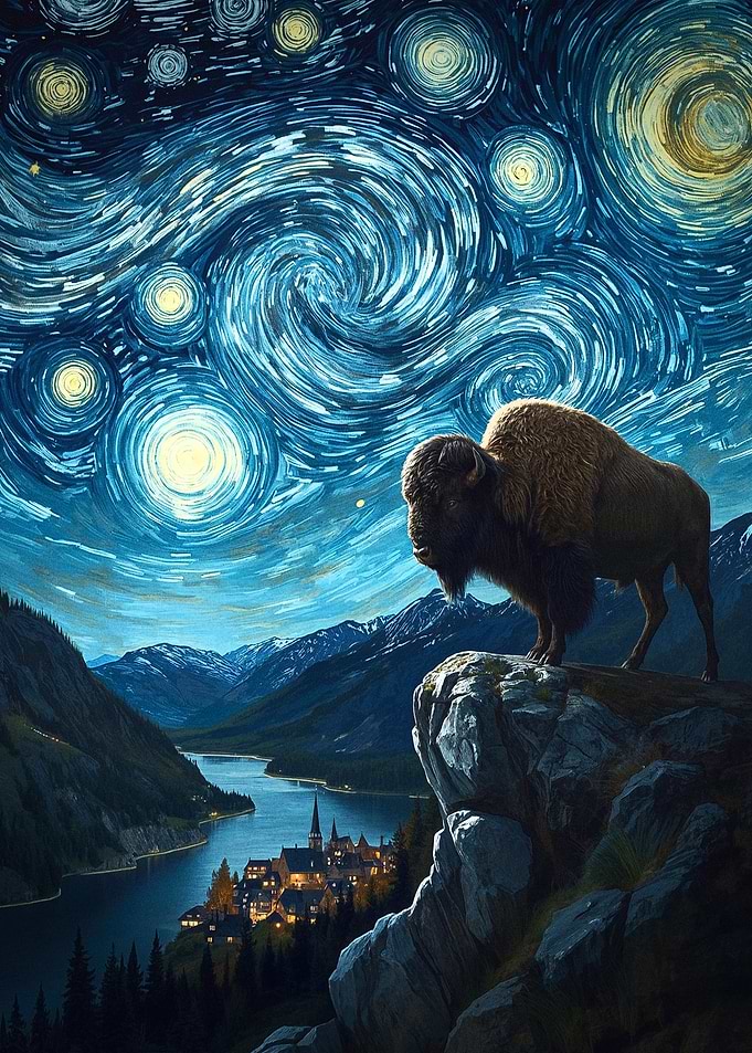 Bison under Starry Night Sky