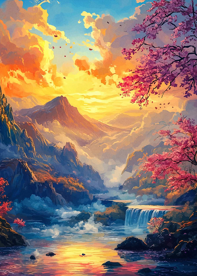 Cherry Blossom Mountain Landscape Painting
