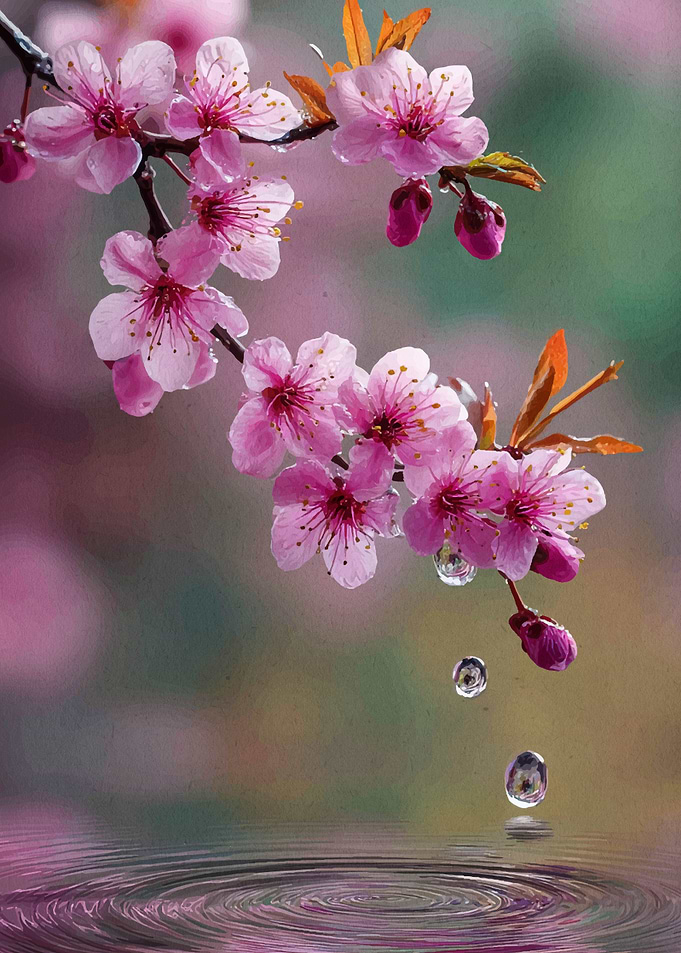 Pink Cherry Blossoms with Water Droplets
