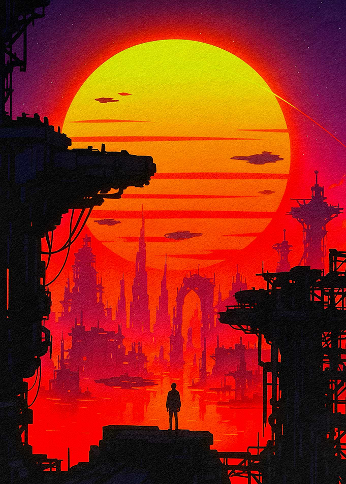 Dystopian Cityscape with Figure and Sunset