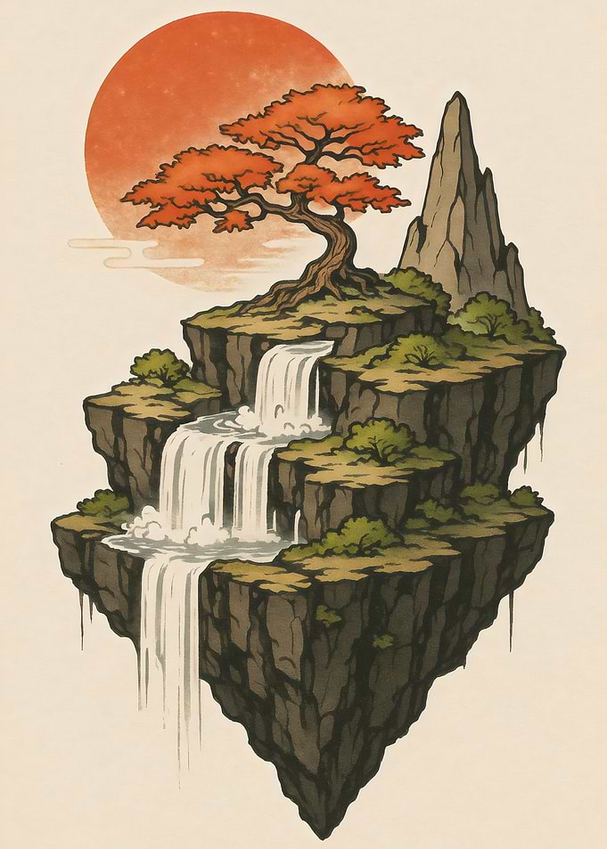 Floating Island with Waterfall and Tree