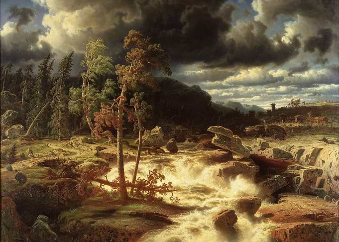 Dramatic Waterfall Landscape Painting