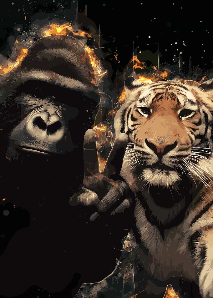 Gorilla and Tiger Peace Sign Art