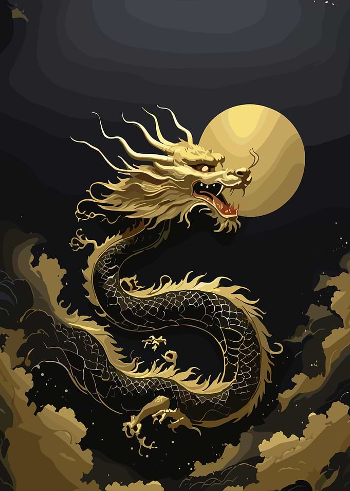 Golden Dragon and Moon Illustration