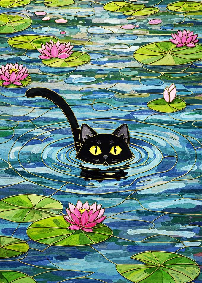 Black cat swimming in a pond