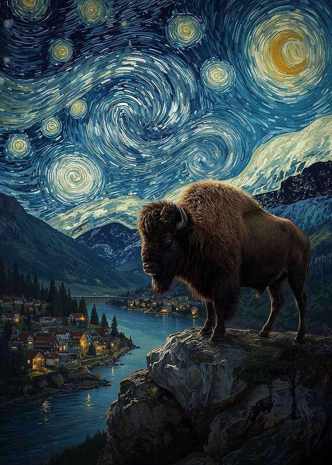 Bison under Starry Night Sky