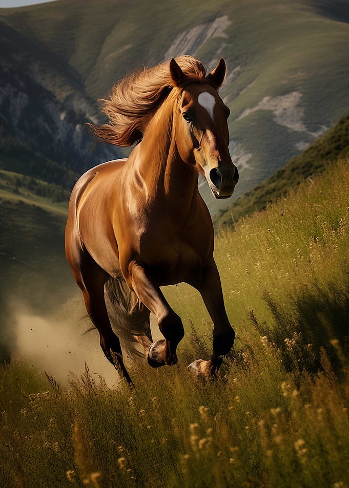 Galloping Horse in Mountain Meadow