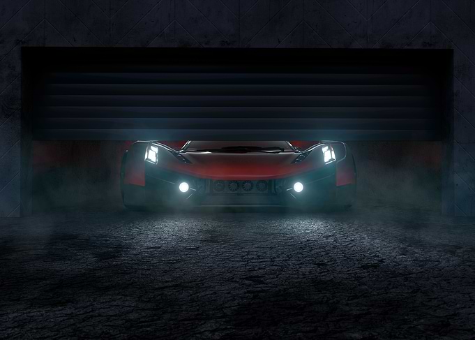 Red sports car in garage