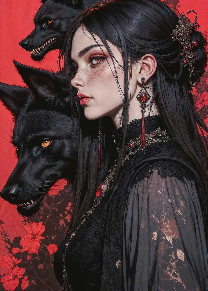 Gothic Woman with Wolves Portrait