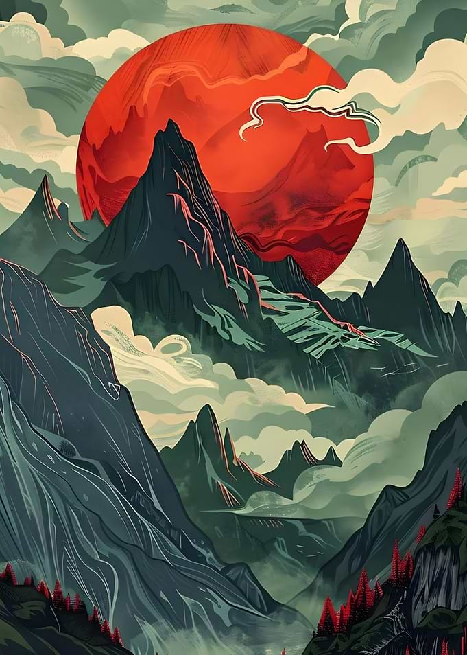 Red Sun Mountain Landscape