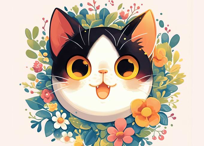Cute Cat Surrounded by Flowers