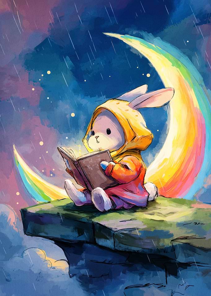 Rabbit Reading on Moonlit Cliff