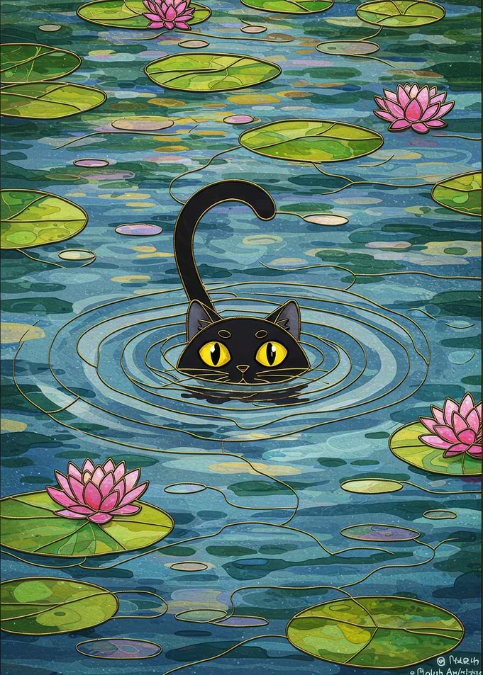Black Cat in Lily Pond