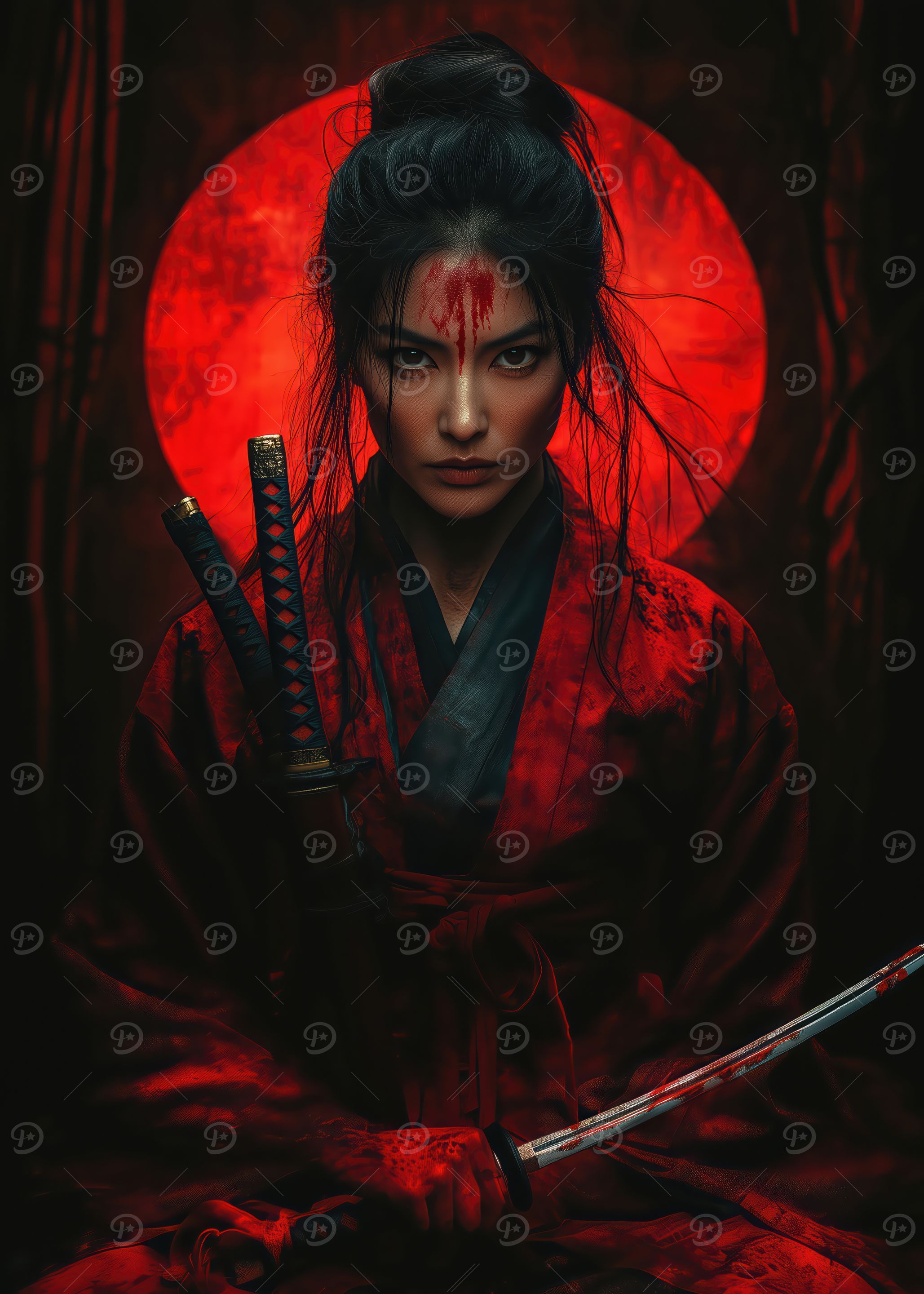 Female Samurai with Red Moon