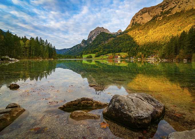 Lake Hintersee landscape with mountain reflection