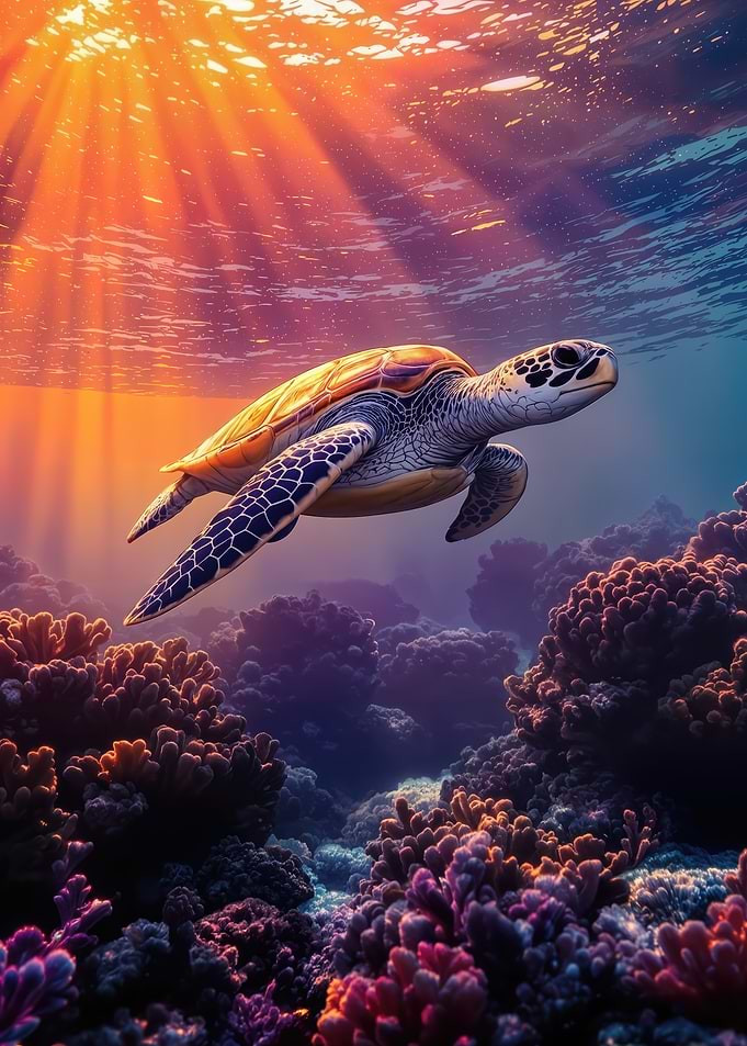 Sea Turtle Swimming Over Sunny Coral Reef