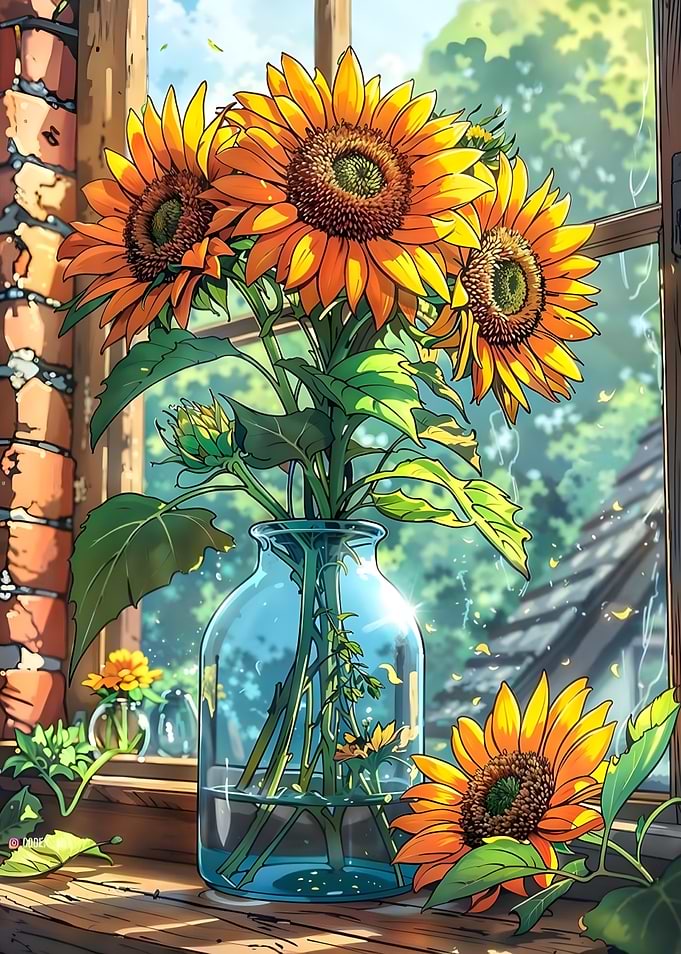 Sunflowers in a Vase by Window