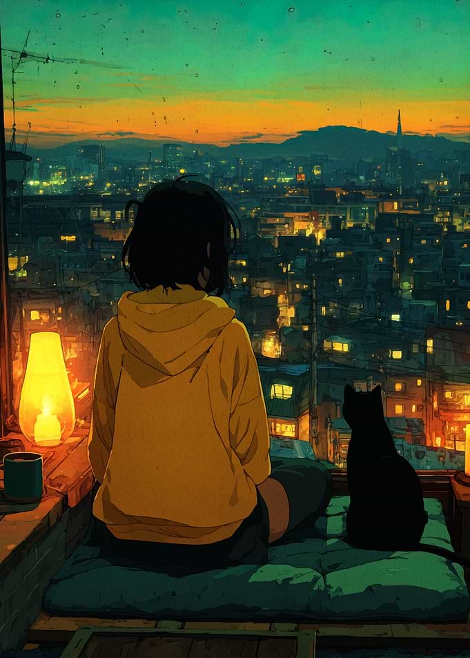Rooftop View with Girl and Cat