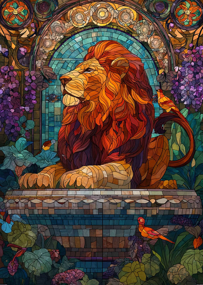 Stained Glass Lion with Birds