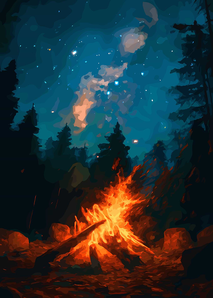 Campfire under starry night sky