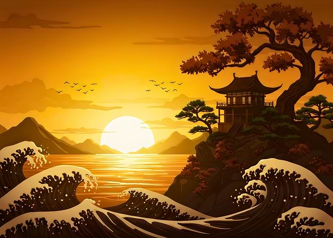 Japanese Temple Sunset Ocean Waves