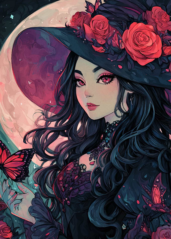 Anime Witch with Roses and Butterflies