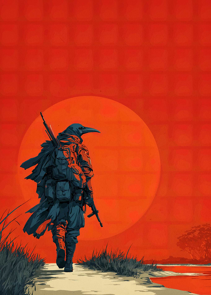 Anthropomorphic Crow Soldier Sunset