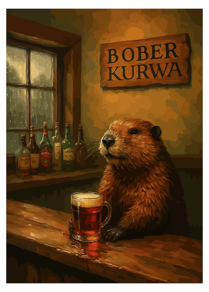 Beaver drinking beer at the bar