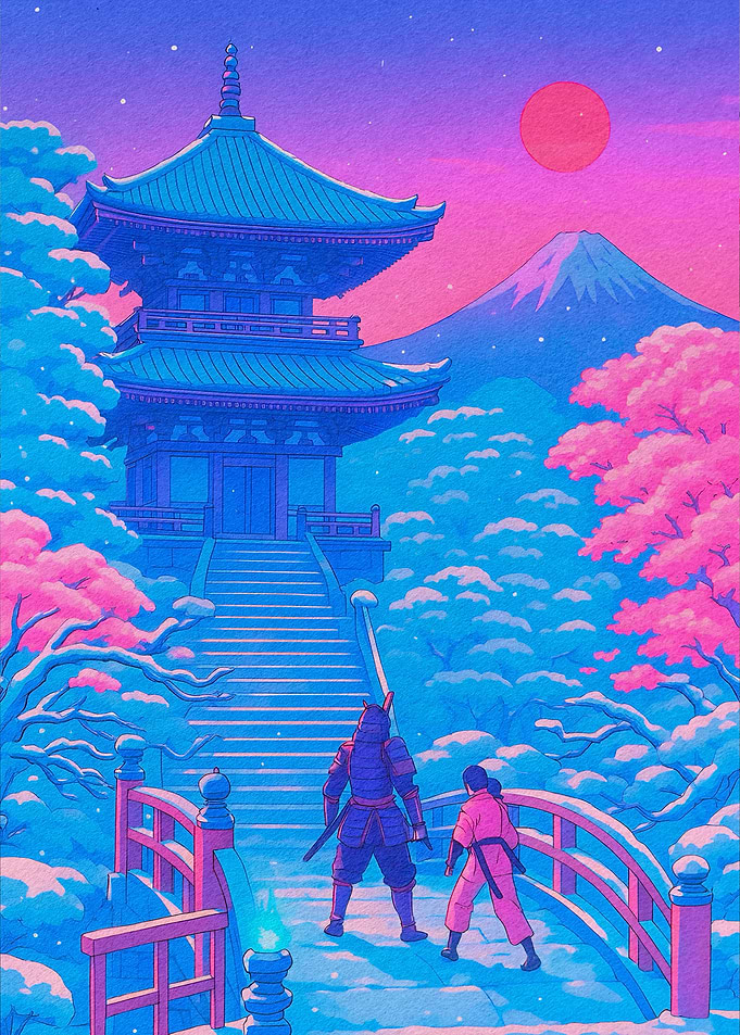 Samurai and Temple in Snowy Landscape