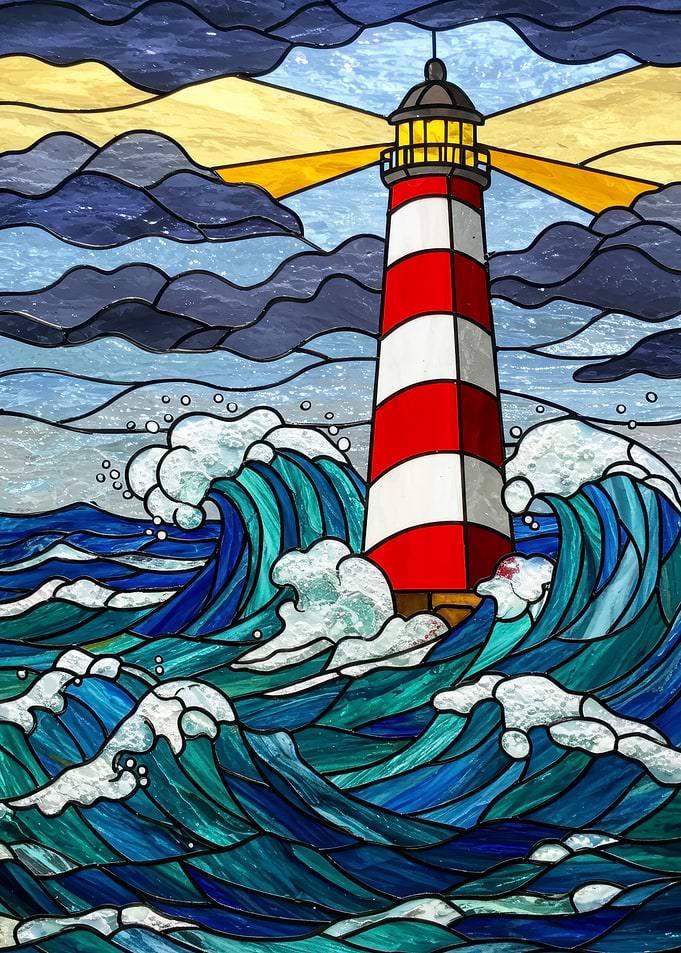 Lighthouse Stained Glass Ocean Waves