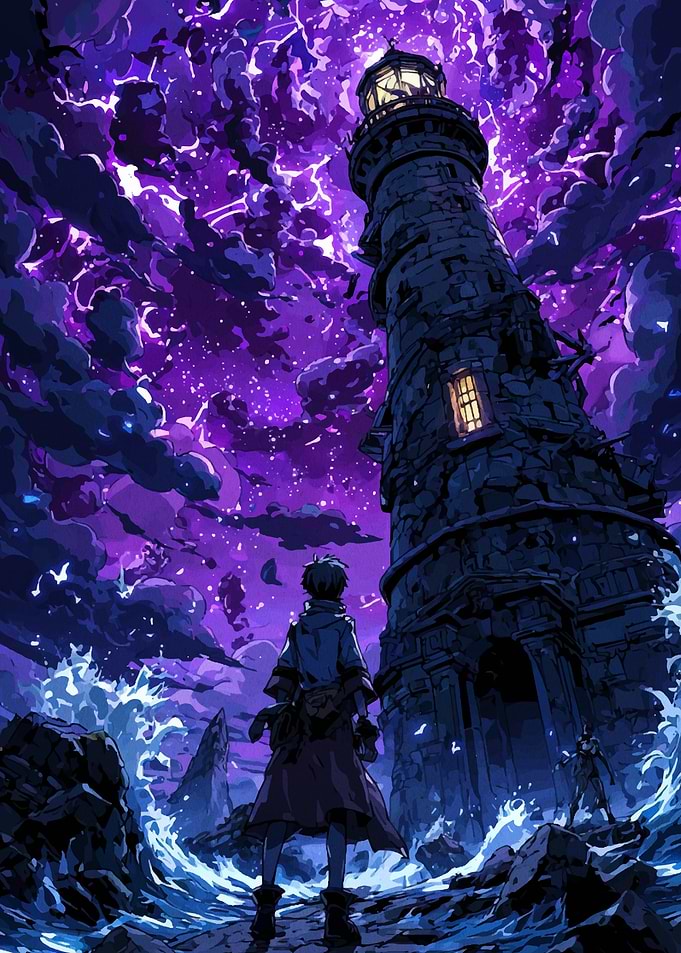 Lighthouse under stormy purple sky