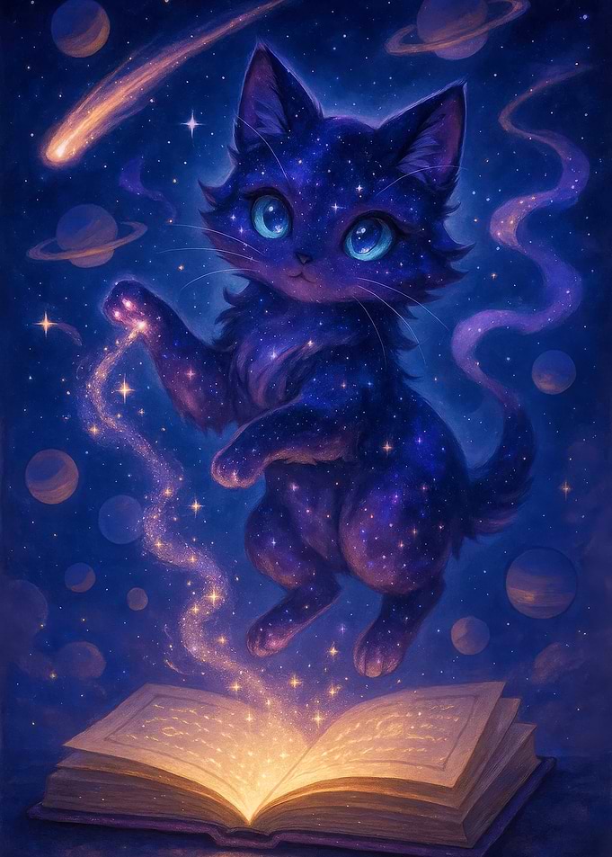 Cosmic Cat with Magic Book