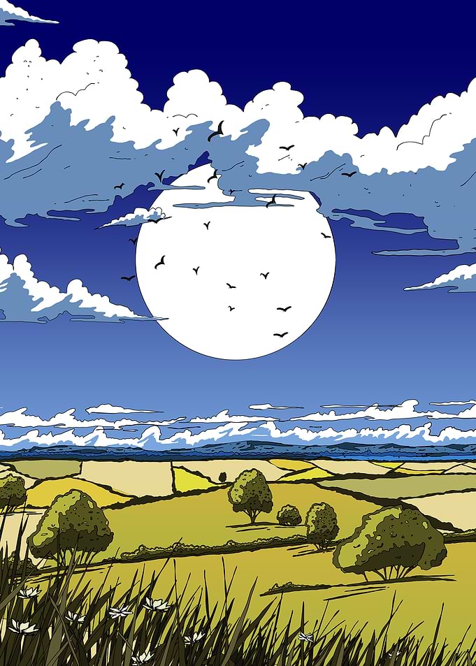 Rural Landscape with Moon and Birds